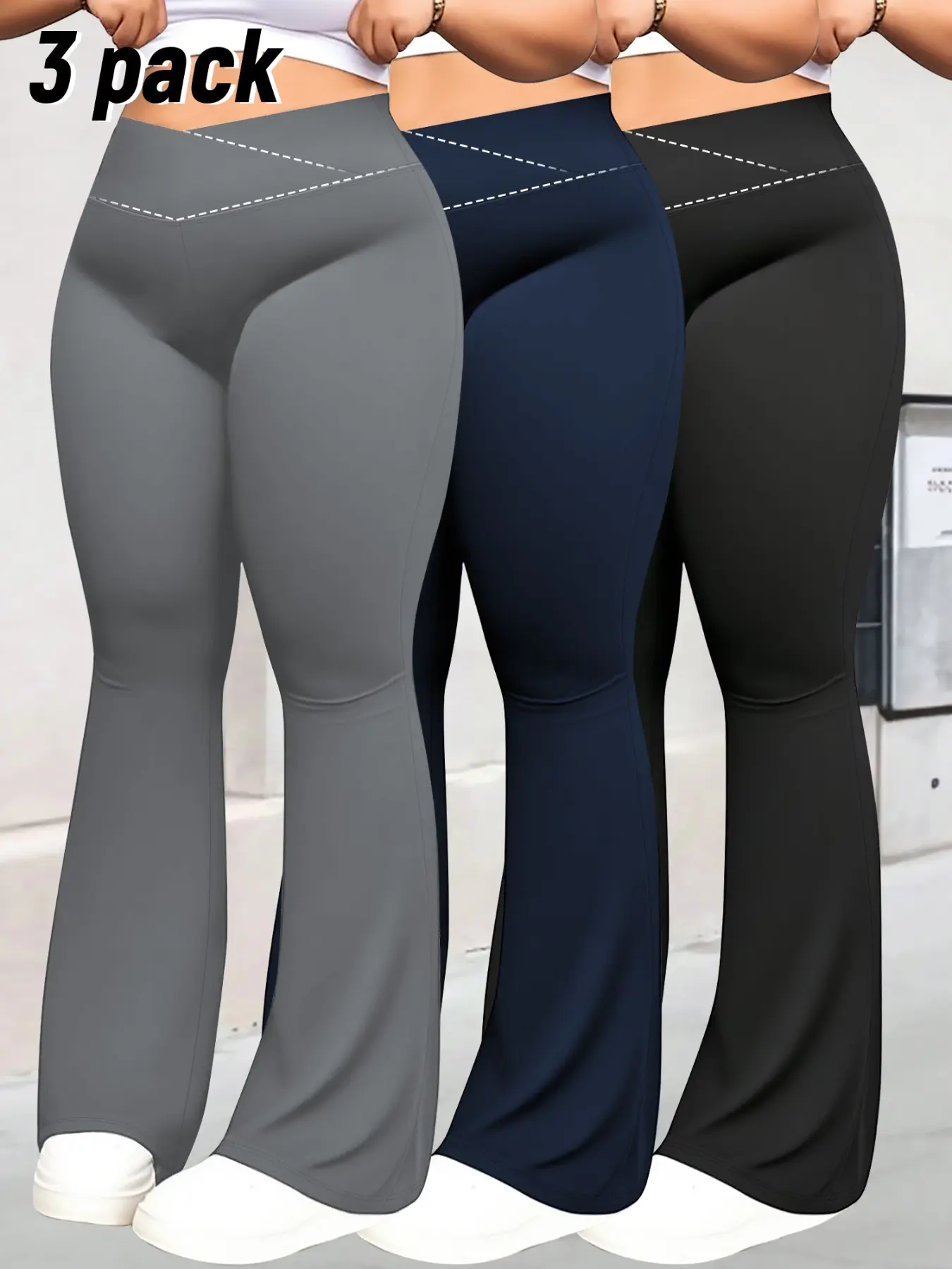 Women's High Waist Tummy Control Bell Bottom Flared Pants, Casual Flare Leg, Casual Style Bottoms, Casual Fashion Pants, Cross Waist Design, Slim Fit, Comfortable & Stylish, Casual Daily Wear, Plus Size Set of 3, Womenswear