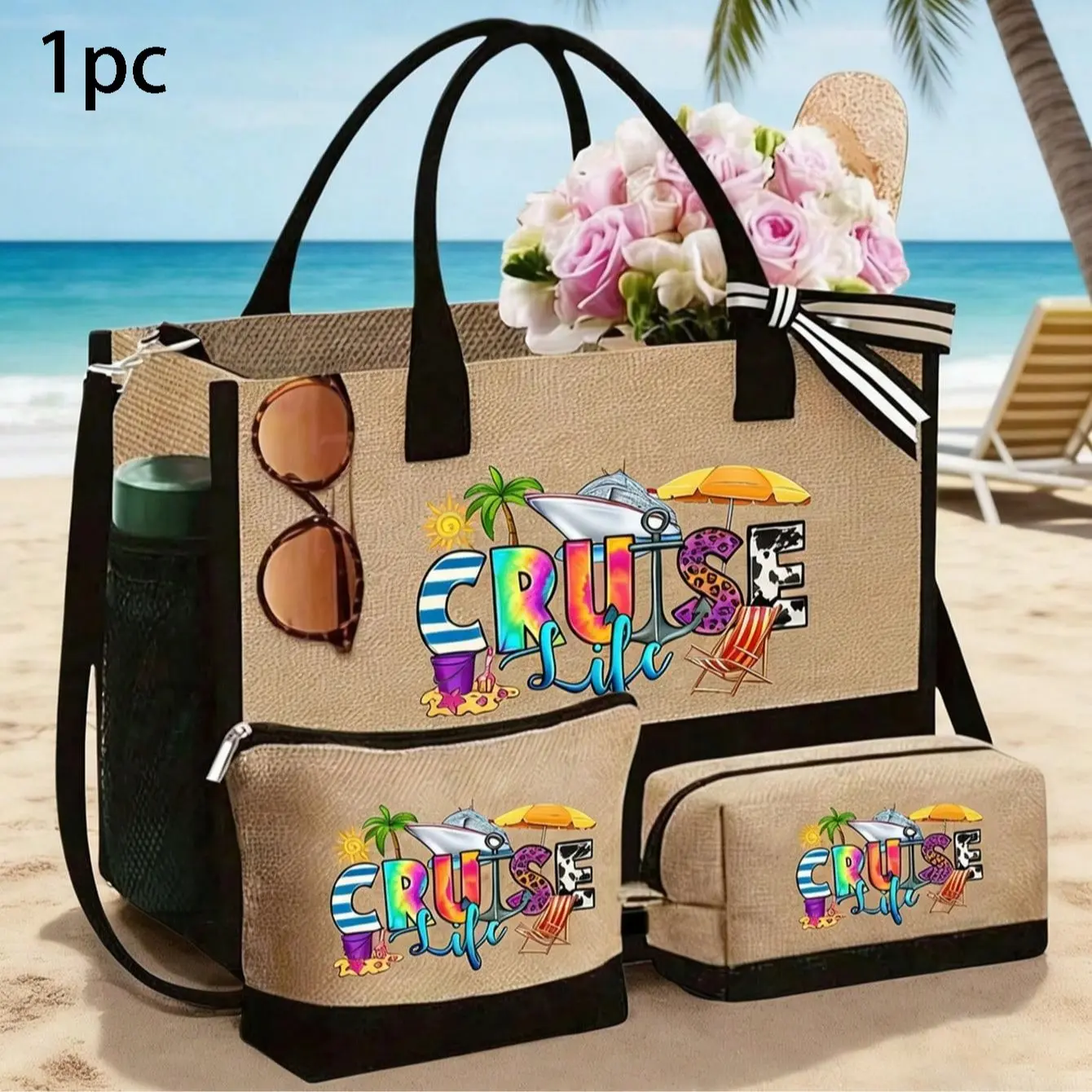 Women's Tropical Vacation Tote Bag, Cruise Life Print, Large Capacity Handbag with Two Makeup Bags, Dolphin Shell Element, Travel Beach Cruises