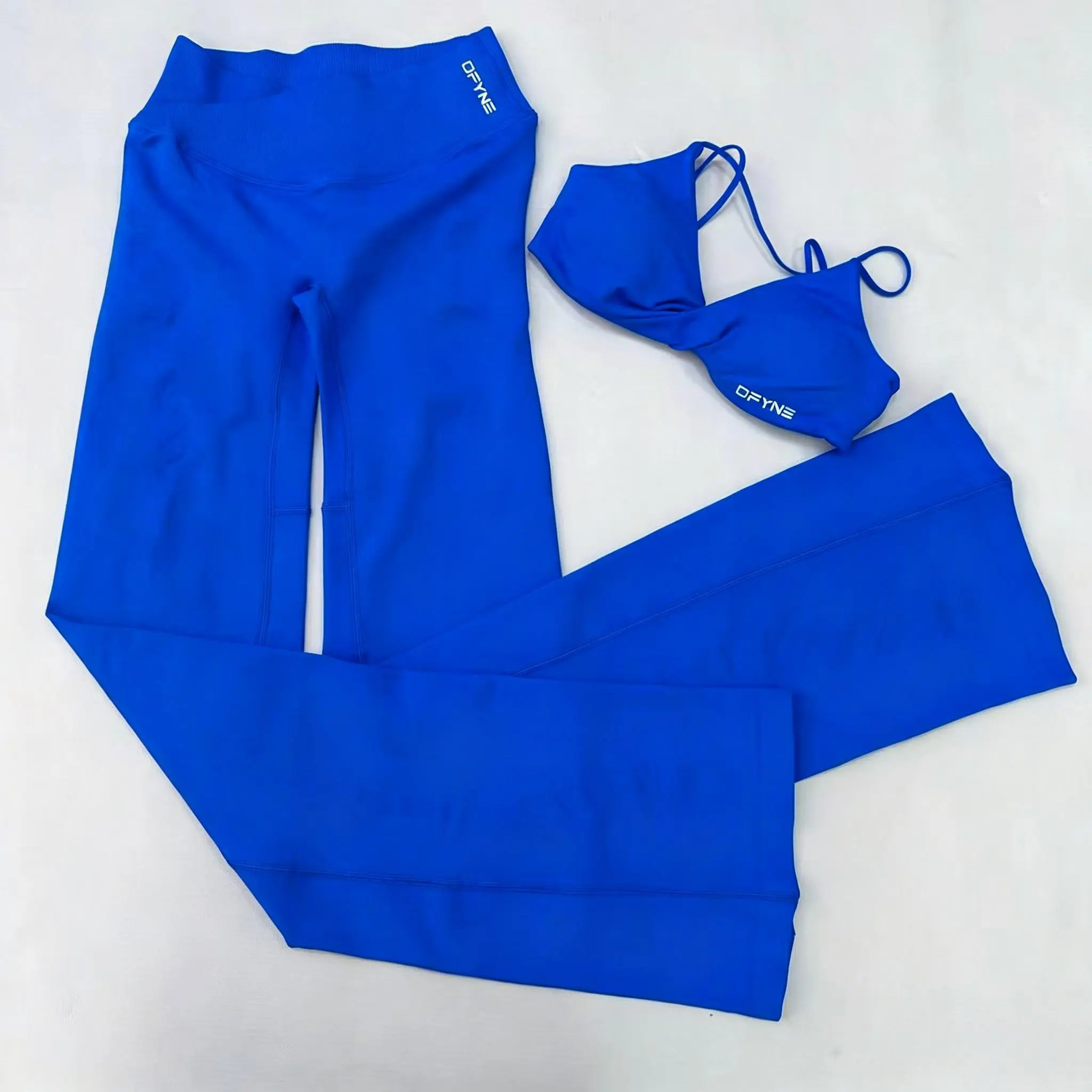 DFYNE Women's 2-Piece Seamless Yoga Set Ribbed High Waist Flare Leggings + Strappy Cross Back Sports Bra