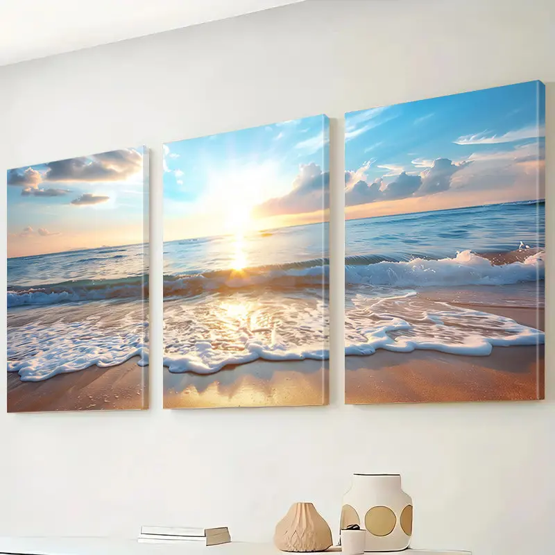 3-Piece Framed Canvas Artwork Set - Artistic, Waterproof, Glossy Farmhouse Beach Prints (Blue Sky, White Cloud, Sea Wave, Cartoon) for Home Wall Decoration, Hanging in Living Room, Kitchen, with Independence Day, Back to School, Polka Dot Accent Potential