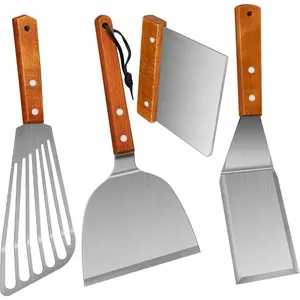 Spatula, Metal Spatulas Set, Stainless Steel Spatula, Fish Spatula Turner Cooking BBQ Grill Griddle Spatula, Metal Spatula For Cast Iron Skillet, Small Wide Kitchen Spatulas With Wood Handle