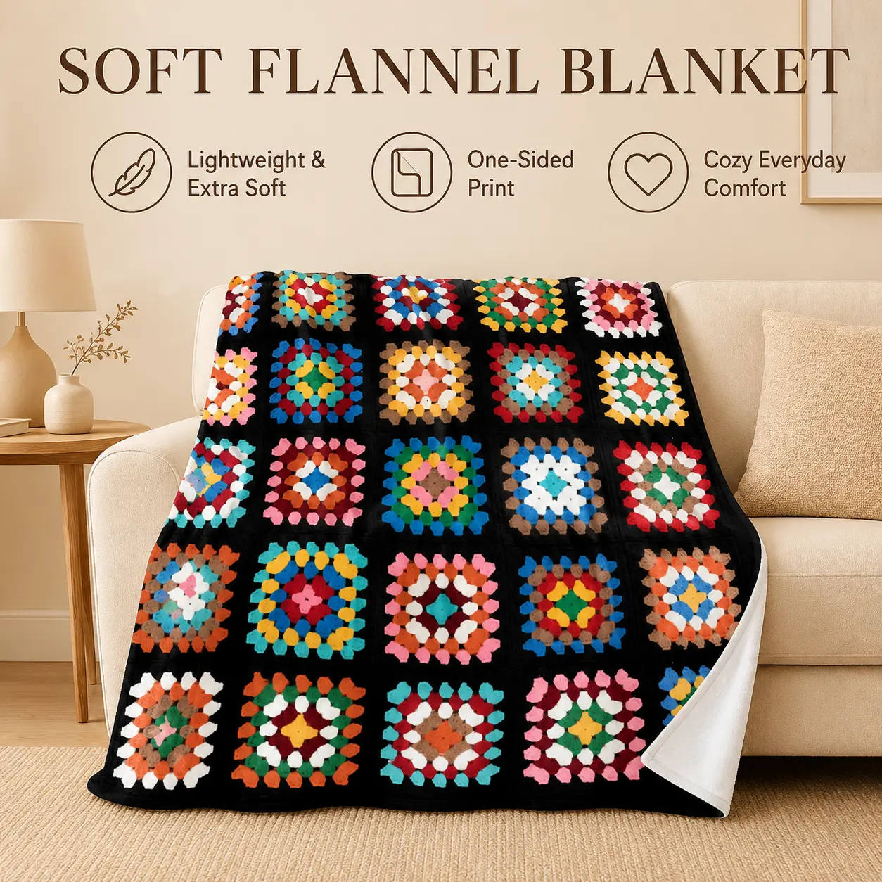 Colorful Granny Square Crochet Pattern Flannel Throw Blanket, Super Soft Lightweight Retro Patchwork Fleece Blanket for Adults & Kids, Cozy Blanket for Bed, Couch, Chair, Gift