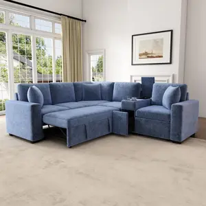120.5" L-shaped Convertible Sofa Bed Modular Sectional Sofa Reversible Sleeper with Pull-Out Bed, Cup Holders, and Ample Storage Space for Living Room, Blue