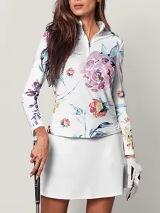 Inked Skins Women's Golf Polo Shirt Pink Floral Print Long Sleeve Sun Protection Top 90% Polyester 10% Spandex Quarter Zip Closure Airful Fabric Moisture-Wicking Technology #9718884 #15620777 #12142121