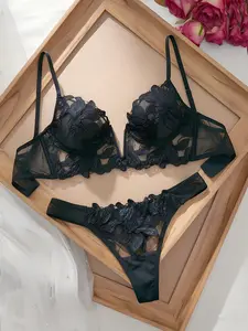 Women's Lady's Floral Embroidery 2-Piece Lingerie Set - Black & Blue, Comfortable Anti-Sagging Bra + Matching Panty, Everyday Wear, Party Wear Ready, Chic