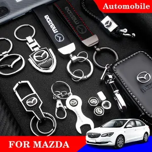 Mazda Car Metal Leather Keychain Set, Includes Leather Key Case, Car Key Holder, Fits Mazda Axela, 2/3/5/6, Ms, Cx30, Cx3, Cx5, Cx9, Mx5, Mx3