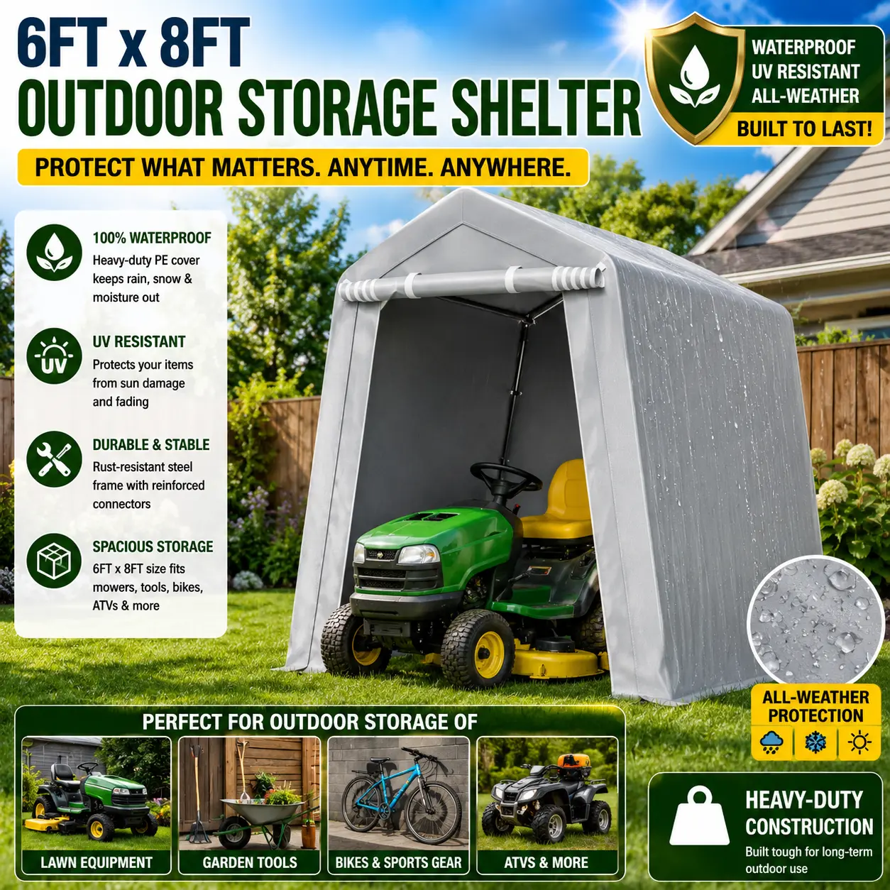 Outdoor Storage Shelter 6x8 FT Portable Shed Canopy Tent Heavy Duty Waterproof Carport Weatherproof Enclosure For Motorcycle ATV Bike Lawn Mower Backyard Organizer Space Saving Instant Garage Yard Utility Equipment