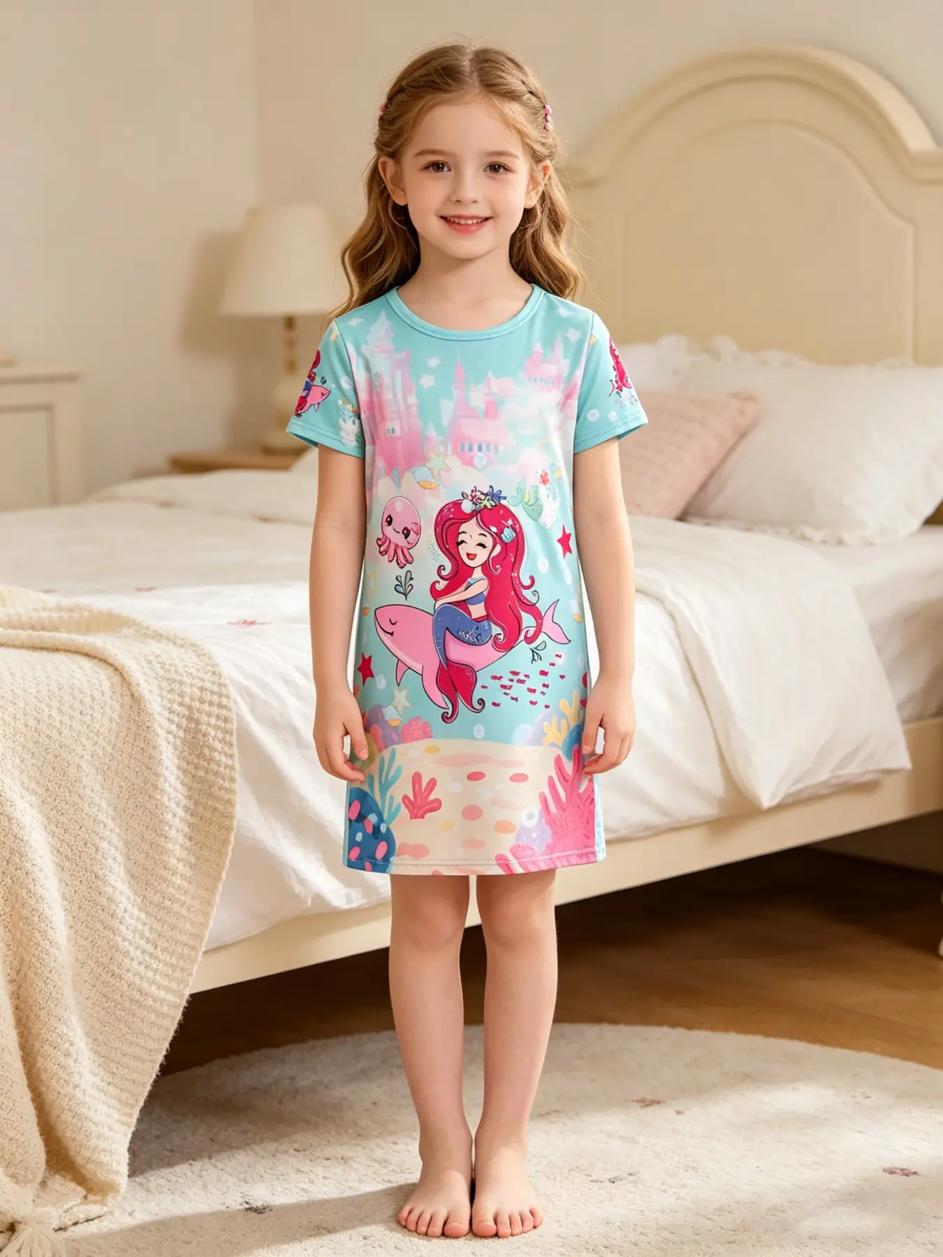 Girls' Cute Cartoon Pyjama Set, Slim-Fitting A-Type Design, Daily Wear Beauty Print, Perfect for Everyday Comfort, Cartoon Print Sleepwear