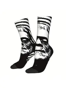 1 Pair Men's Frankenstein Black Crew Socks - Casual Novelty Graphic Print, Comfortable & Durable, Hand Wash or Dry Clean, Funny Socks