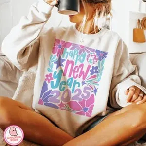 Retro Happy new year 2025 png, pastel floral new year png, 12 new chapters 365 new chances png, Disco ball png, new year 2025 png,Christmas Comfort Tops Sweatshirts