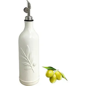 20 Oz Ceramic Olive Oil Dispenser Bottle, with Stainless Steel Spout & Funnel, Ideal for Oil, Vinegar, Coffee Syrup & Liquids (White)