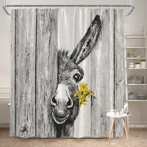 1Pc Spring Floral Donkey Shower Curtain Polyester Fabric Bathroom Decor Bath Curtain with 12 Hooks Yellow Flower Design Rustic Farmhouse Theme 70.8x70.8 Inch Hanging Curtain