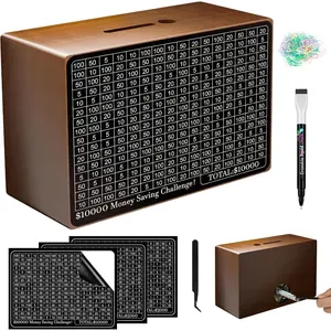 Wooden Money Saving Box, Cash Savings Box for $10000 $5000 $3000 Target Money Saving Challenge, Reusable Money Box with Counter, Cash Vault Bank with Dry Erase Pen/Savings Trackers/Rubber Band-Brown
