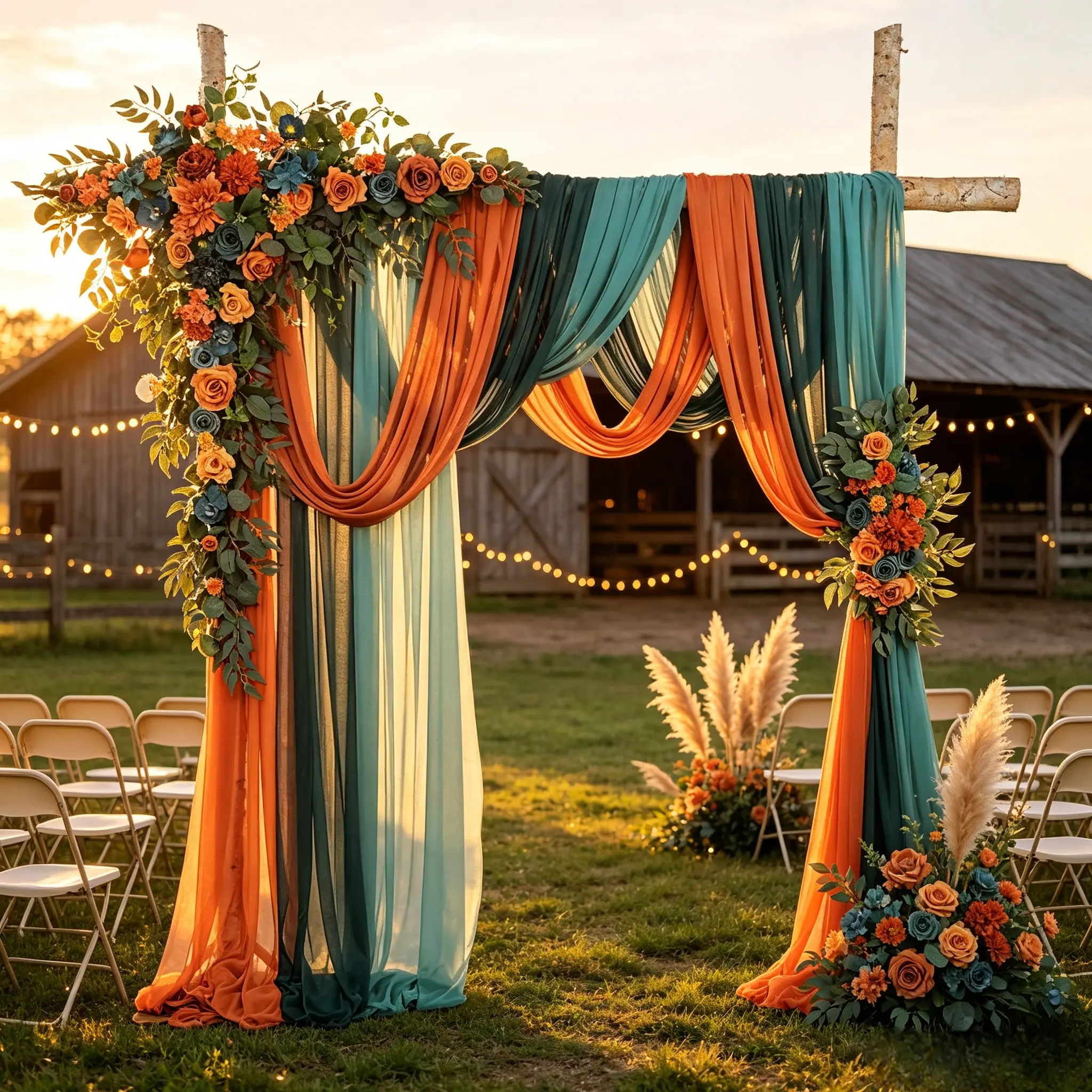 TINGE TIME Deluxe 5pcs Artificial Wedding Arch Flowers Kit - Floral Swag with 3 Sheer Drapes, Realistic Silk Arrangements for Fall Wedding Ceremony Arbor Backdrop, Home Decor