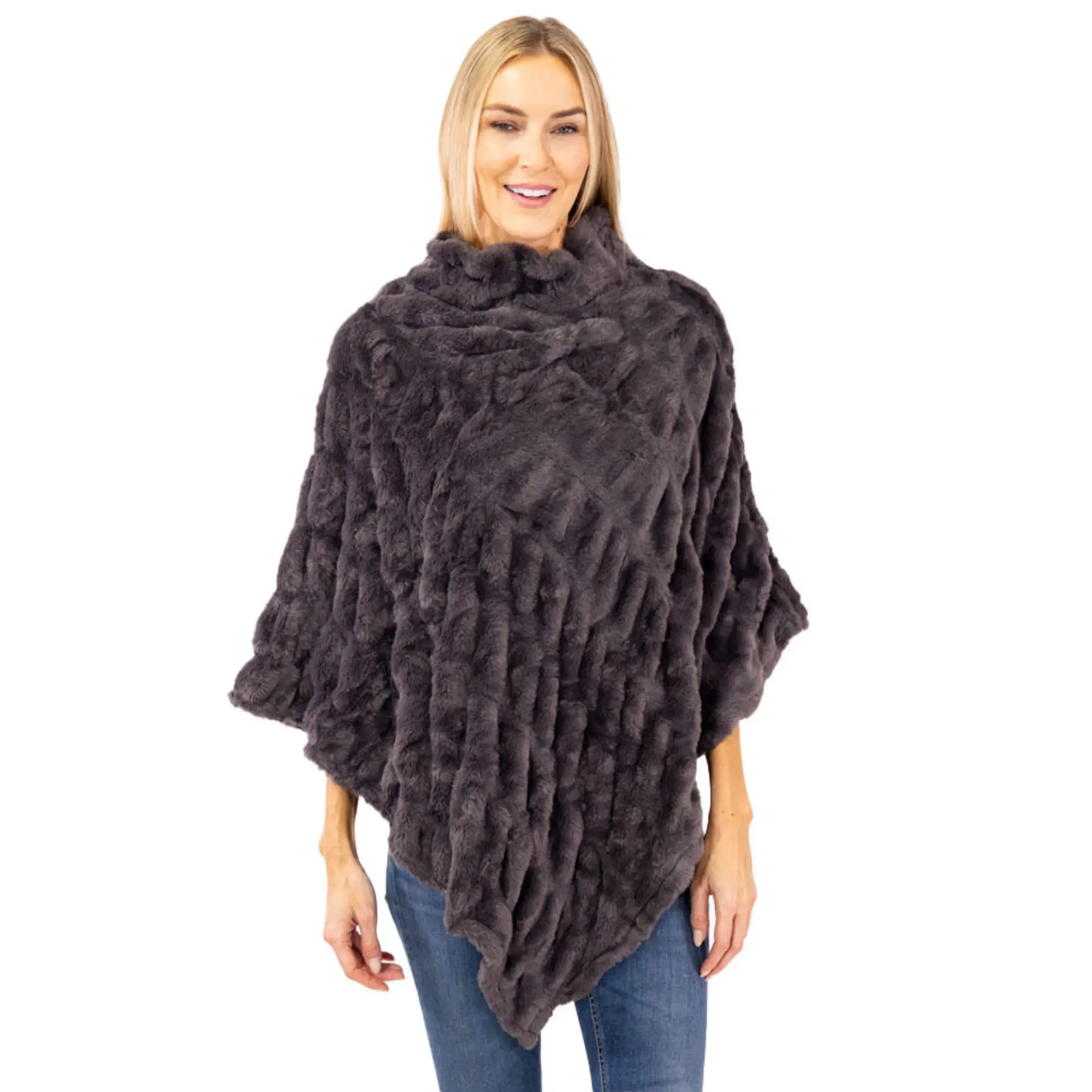 Plush Faux Fur Charcoal Cozy Coat Poncho Womenswear Fits