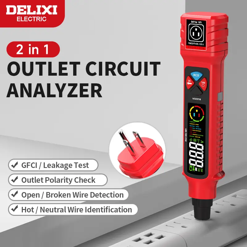 Socket circuit and voltage tester integrates GFCI socket tester and polarity detection function, LCD display, sound and light alarm, AC voltage socket detector, and line fault detector