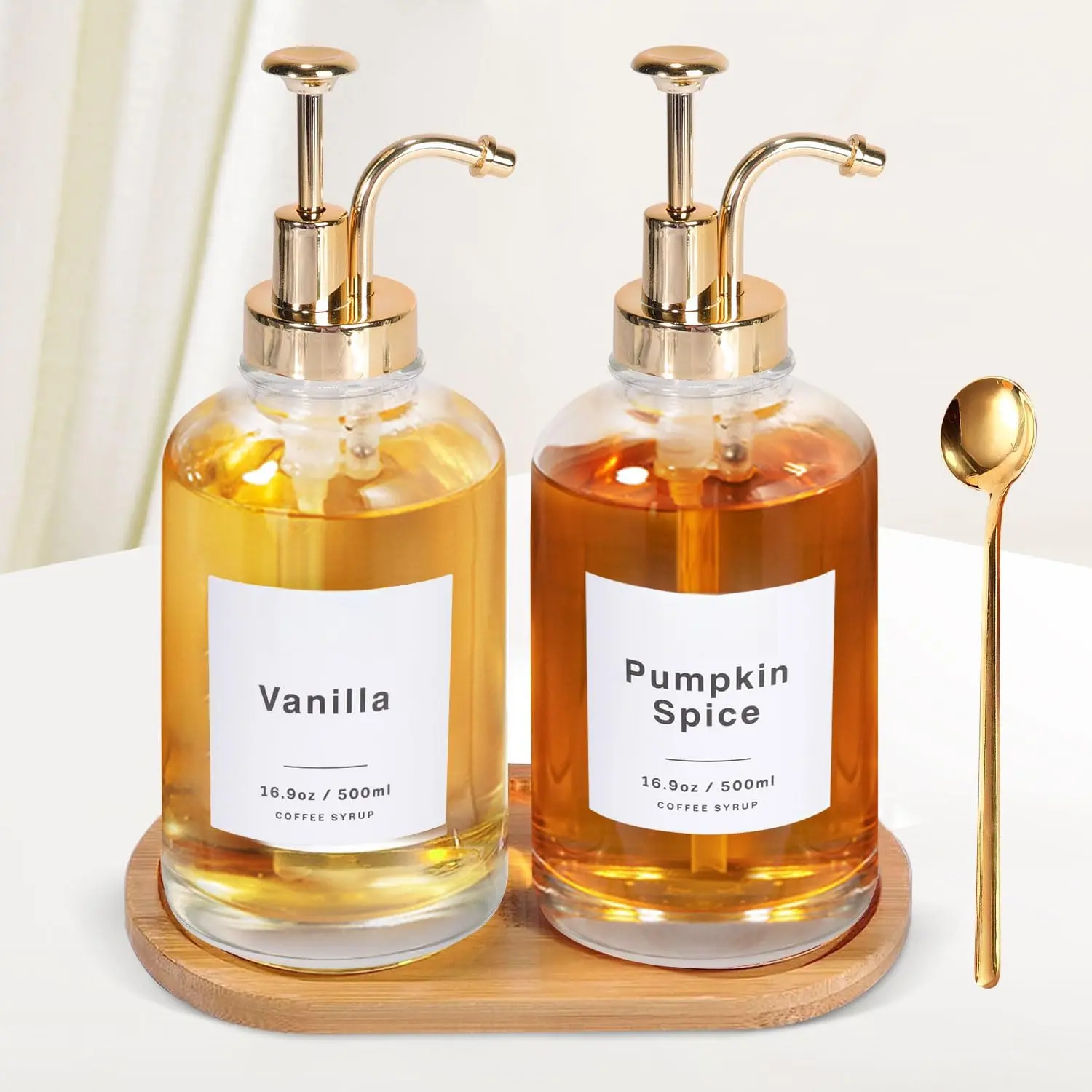 Golden Coffee Syrup Dispenser 16.9oz Glass Dispenser with 36 Labels & Tray, Includes 2 Count of Golden Coffee Bottles