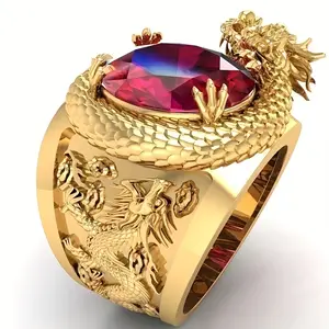 New stylish men's exclusive 14K gold-plated 3D dragon-shaped wide ring, four-prong set with red synthetic cubic zirconia, holiday gift