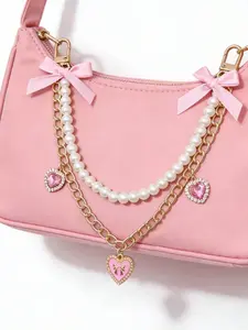 Coquette Aesthetic Black Pink Red Heart & Bow Layered Bag Chain Charms Ribbon Bow Heart Purse Chain Charm Faux Pearl Bag Chain Straps Purse Handbag Charms Keychain Pendant Pocket Chain gold decorative bag chains replacement DIY jewelry trinket Accessories