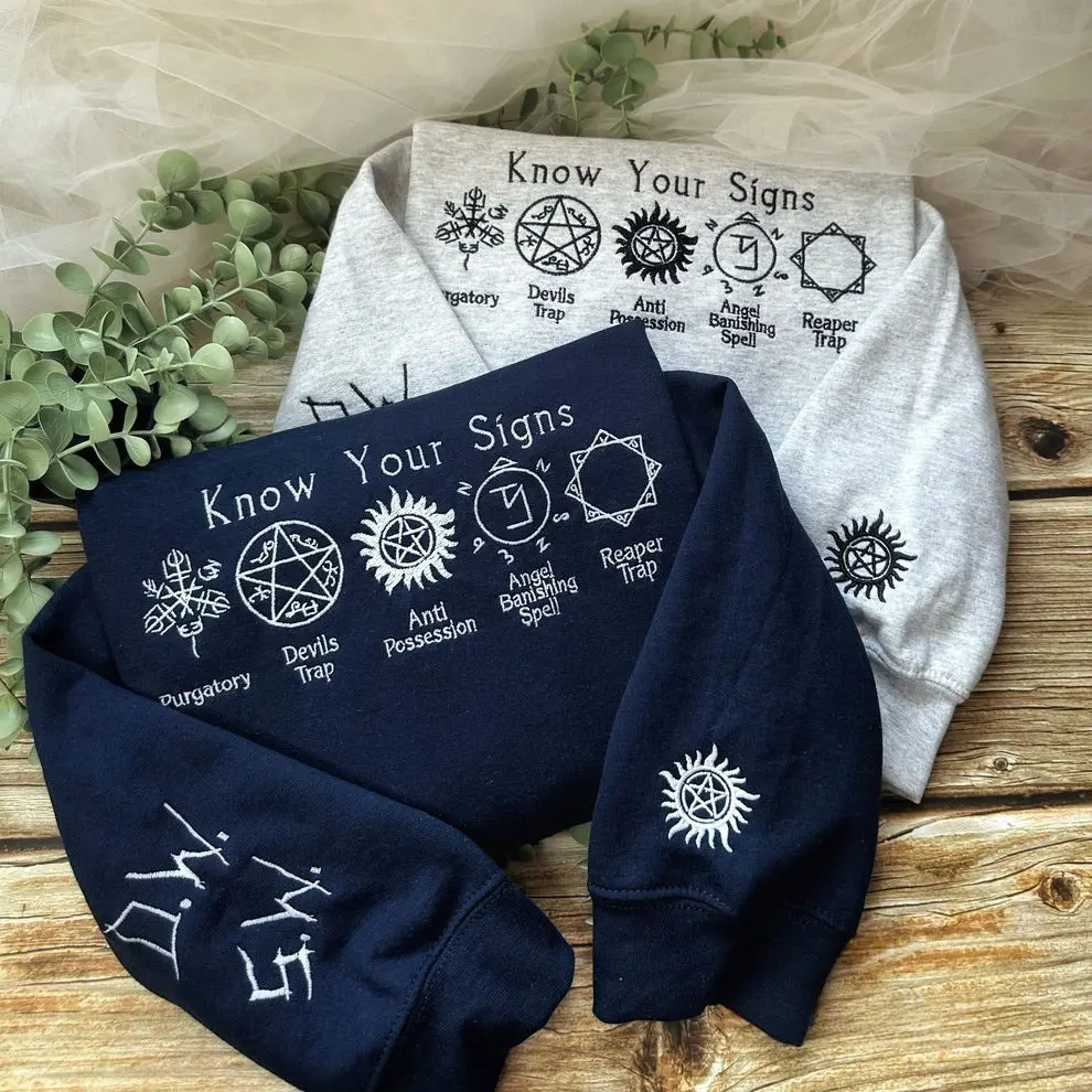Supernatural Embroidered Sweatshirt and Hoodie, Dean, Sam, Castiel Shirt, Baby Car & Antipossession Symbol Merch, TV Series T-shirt