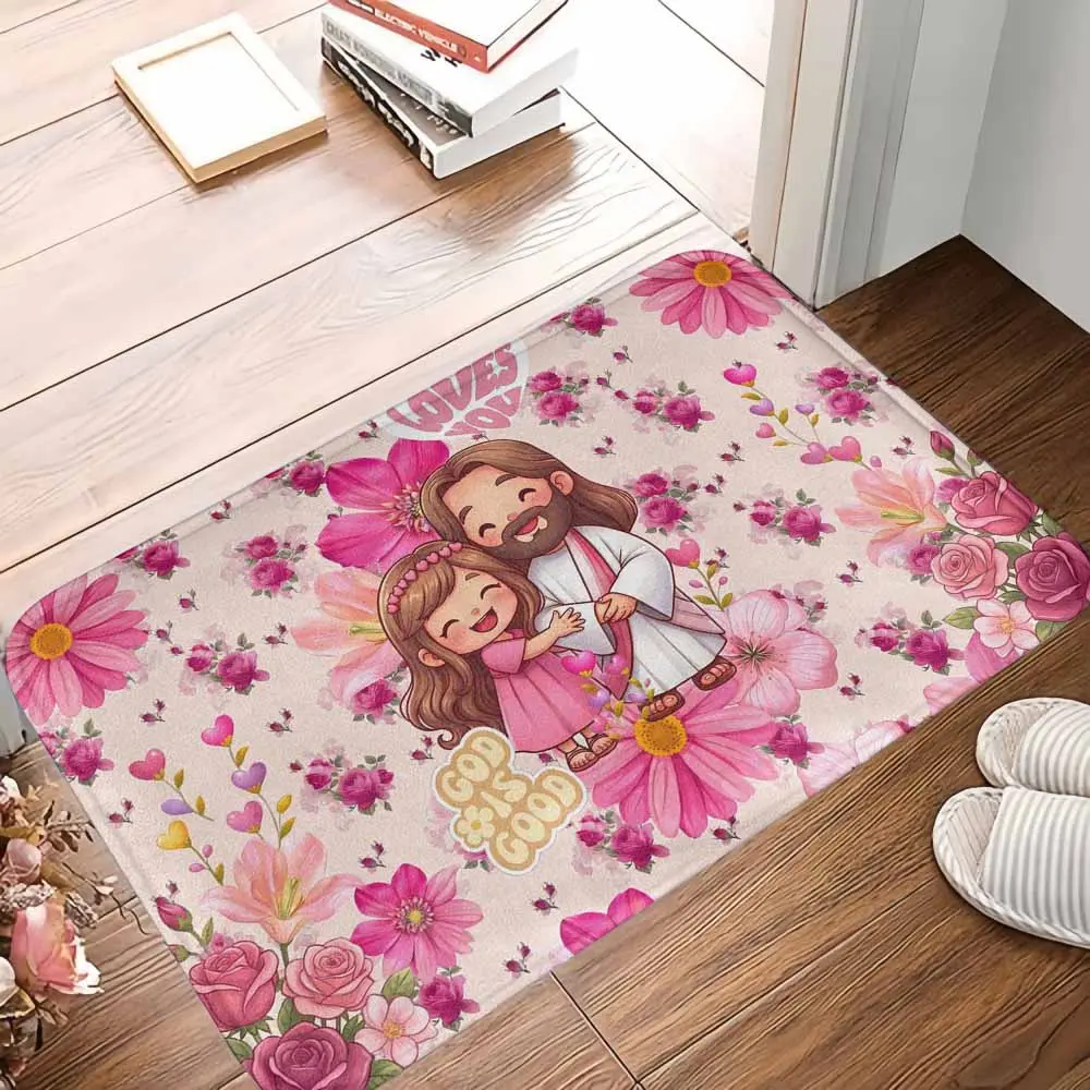 Oval Religious Jesus & Pink Rose Floral Indoor Floor Mat, Durable Non-Slip Absorbent Soft Fabric, Machine Washable, Ideal for Home Prayer Room & Living Room, Spiritual Gift, Polyester