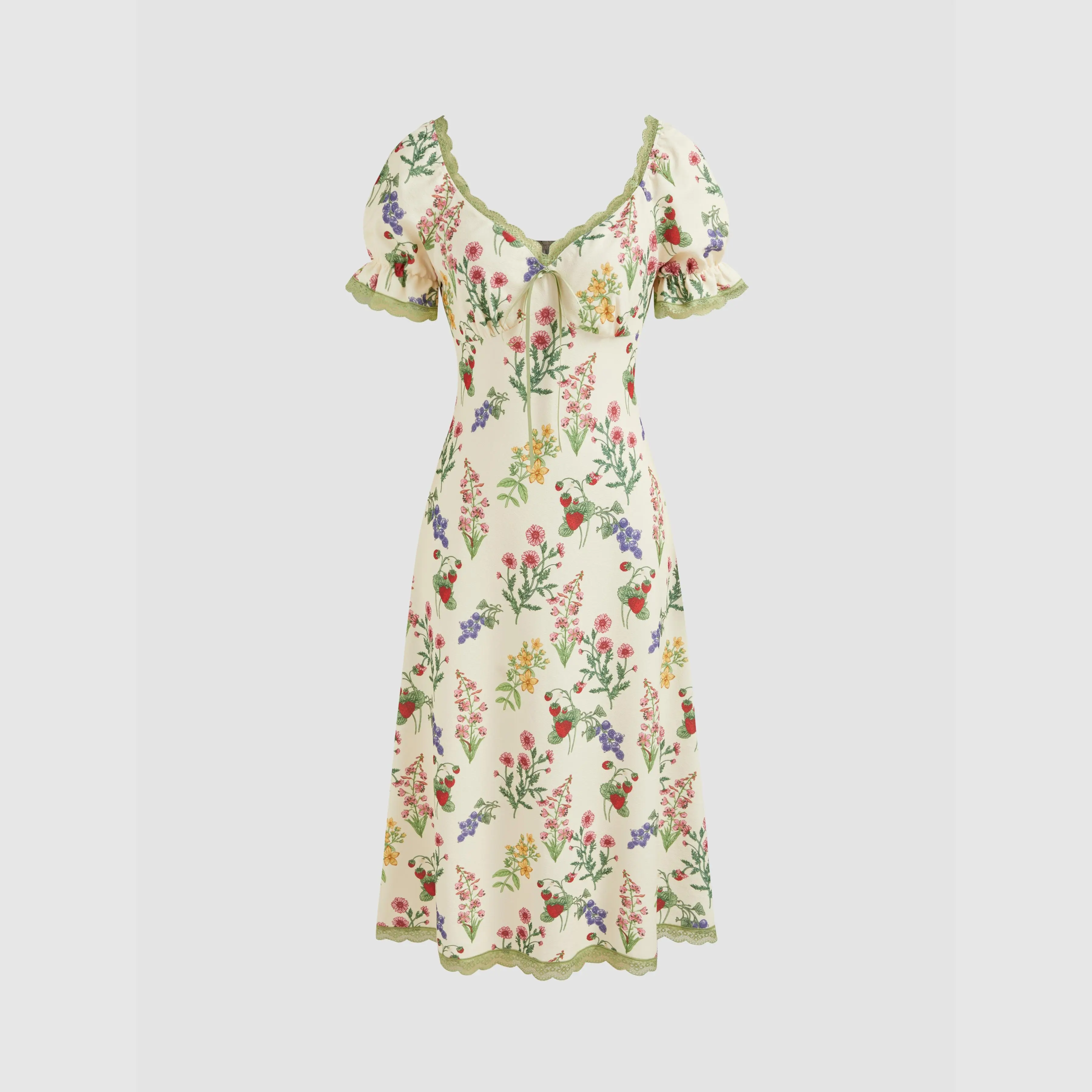Cider Women's Plus Size Casual Strawberry Print A-Line Midi Dress with Square Neck, Detachable Puff Sleeves and Adjustable Bust for Daily Summer Wear, Floral, Pull On, 1Xl - 16/18