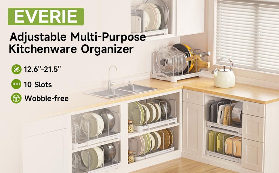 EVERIE Adjustable Pot & Pan Lids Bakeware Organizer Holder Rack,10 Adjustable Dividers Compartments 7.7'' Deep by 12.6'' to 21.5'' Wide Cabinet Countertop Kitchen Organization Storage(White&Grey)GS02SS
