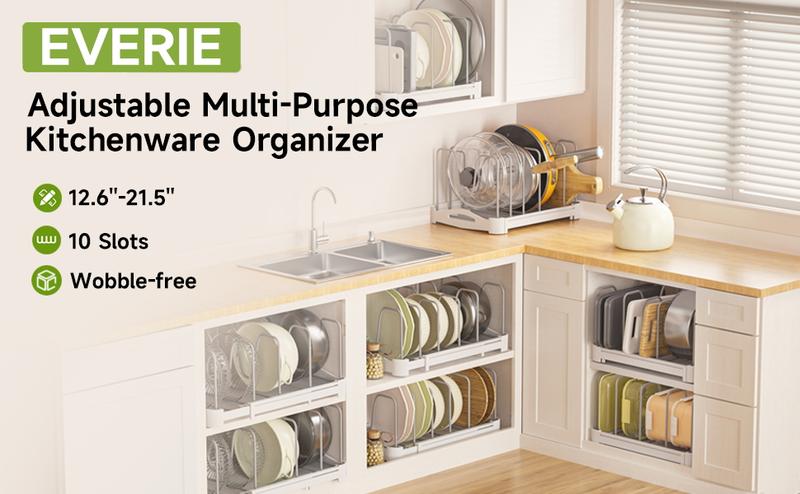 EVERIE Adjustable Pot & Pan Lids Bakeware Organizer Holder Rack,10 Adjustable Dividers Compartments 7.7'' Deep by 12.6'' to 21.5'' Wide Cabinet Countertop Kitchen Organization Storage(White&Grey)GS02SS