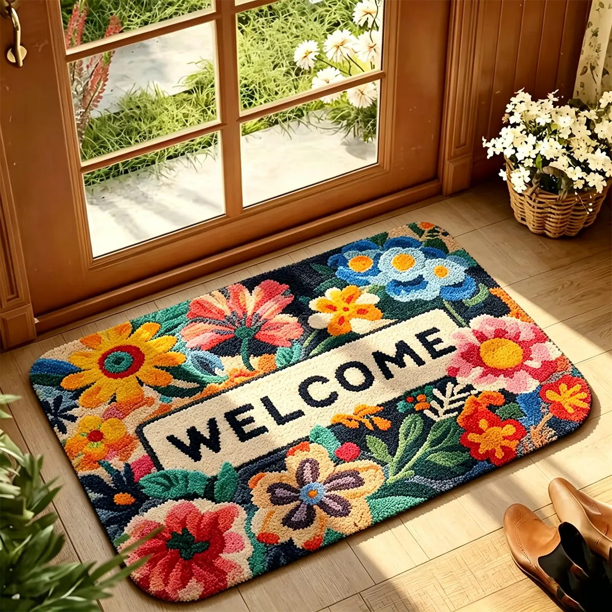 Colorful Floral Welcome Doormat, Vintage Garden Flower Flannel Rug for Front Door Entryway, Farmhouse Rustic Home Decor Mat, Spring Summer Porch Decor, Kitchen Bathroom Bedroom Accent, Housewarming Birthday Holiday Gift