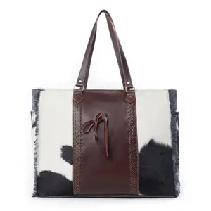 Myra Rosalinda Cross Stitched Hairon Leather Weekender Bag - Spacious Travel Tote with Stitch Trim and Durable Shoulder Straps