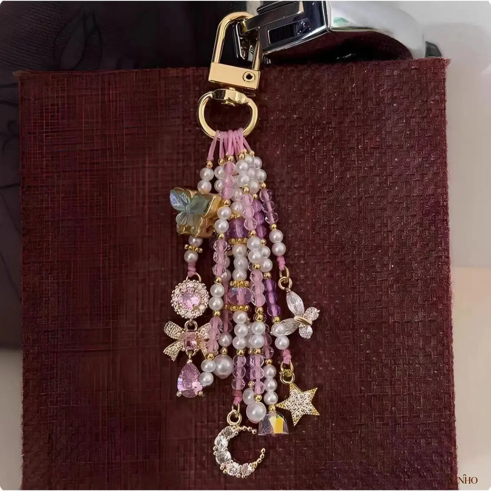 Pink Purple Butterfly Tassel Beaded Key Ring Bag Phone Charm, Shiny Crystal Chain With Butterfly Moon Pendant, Elegant Decor Accessory For Women Handbags Cell Phones Car Keys