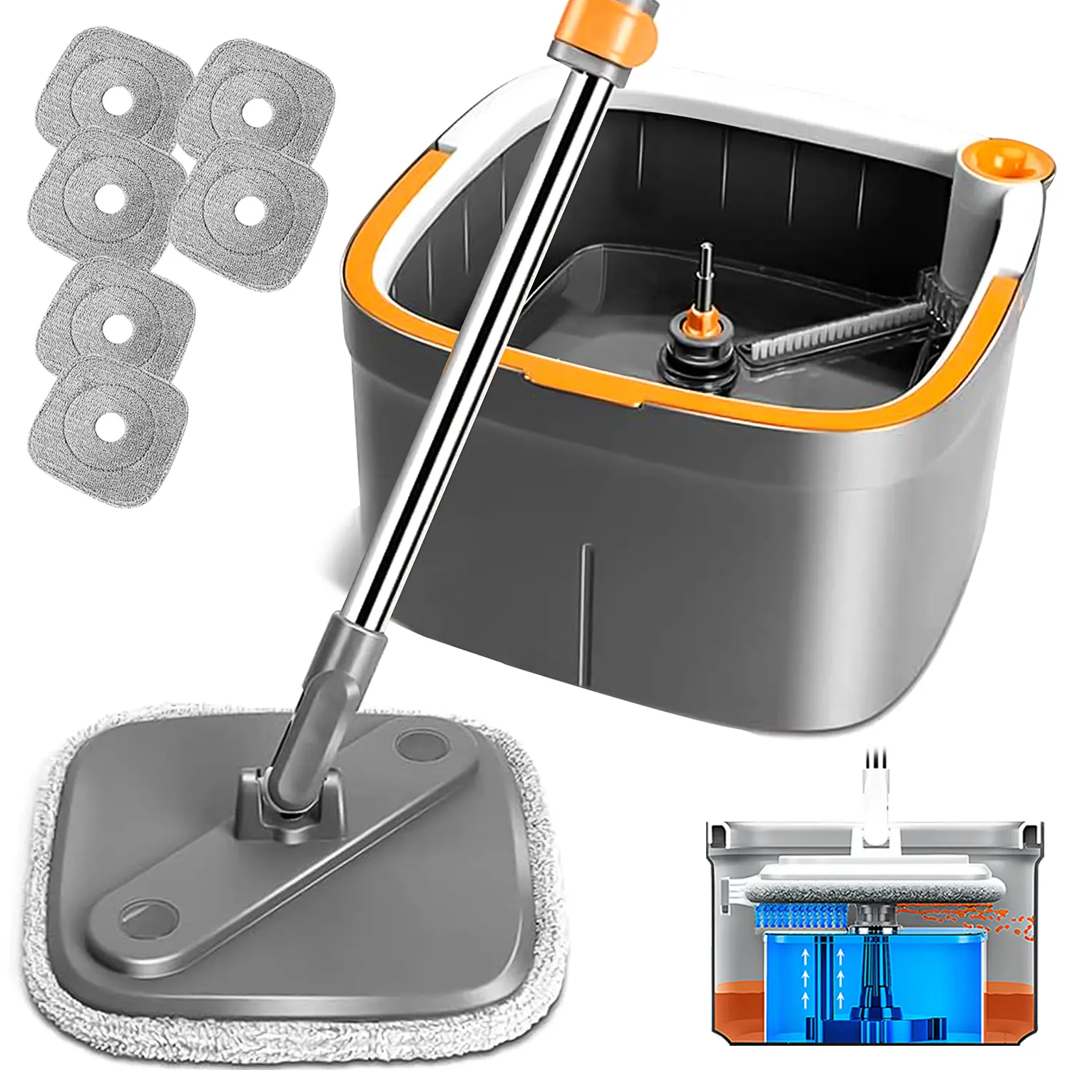 Dark Gray Spin Mop Bucket with 6 Pads