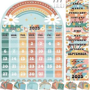 Classroom Calendar Pocket Chart Retro Groovy Bulletin Board Set Boho Daisy Seasons Festival Weather Calendar Set for Classroom Decoration  to School Supplies(Special)
