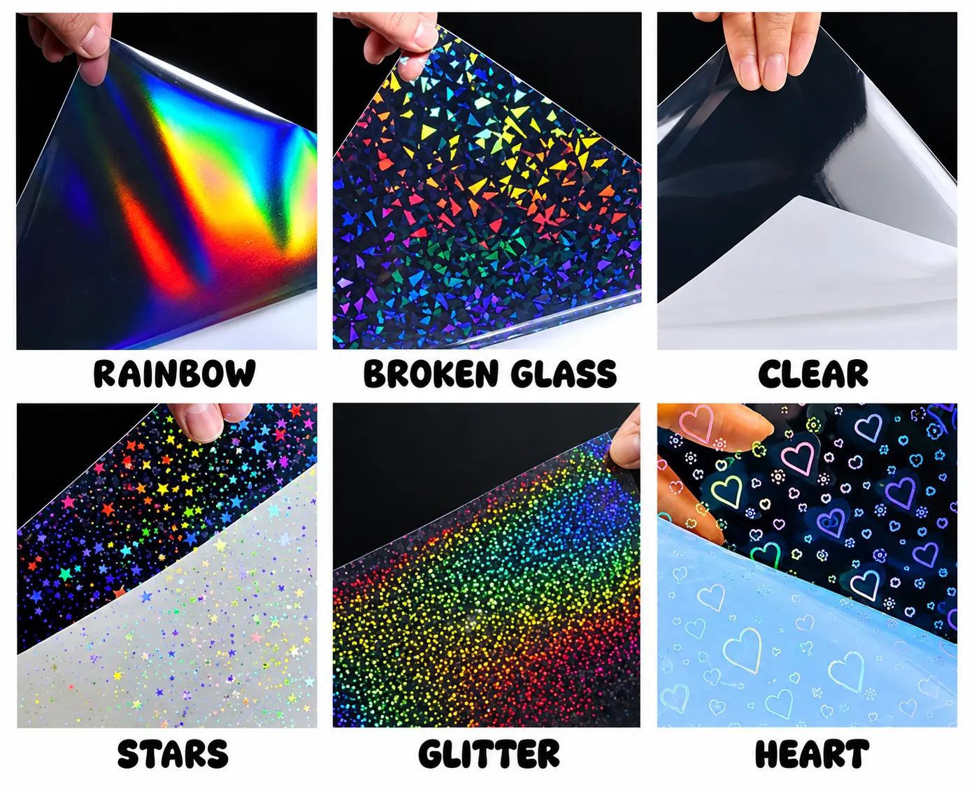 Holographic Overlay Sheets 6 Pack - Rainbow, Broken Glass, Glitter, Stars, Heart & Clear Laminate Sticker Sheets, Waterproof Self Adhesive Vinyl for DIY Craft, Journal, Sticker Making