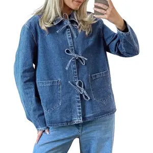 Women's Long-Sleeve Denim Coat - Basic Casual Loose-Fit Lady's Outerwear with Tie-Front, Pockets, Long-Sleeve Top