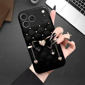Luxury Quilted Black Phone Case with Bow 💎 Bling Crystal Heart Cover | Designer Style Gift for Her for iPhone --975