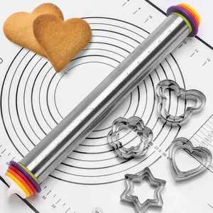 Stainless Steel Rolling Pin with Thickness Rings and Pastry Baking Mat, Pizza, Cookie, Bread, Pie Crusts,Roller Rod for Dough Thickness, 13.6" with 4 Multicolored Thickness Rings&Cookie Molds