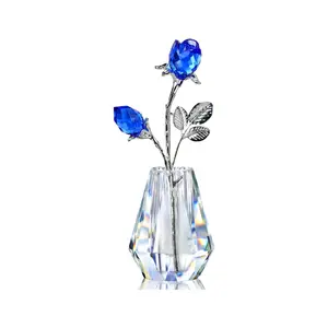 [Crystal Blue Rose Bouquet] Double Crystal Blue Rose Bouquet Statue - Silvery Stem with Crystal Vase Decoration - Home Wedding Party Valentine's Day Gift with Gift,Love her? Then buy her a flower.