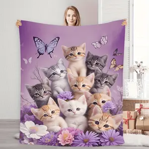 1 Adorable Kitten-Themed Flannel Blanket | Cozy All-Season Bedding with Purple Floral & Butterfly Accents | Ideal for Napping, Camping, Travel | Perfect Gift for Cat Lovers, Blanket for Bed