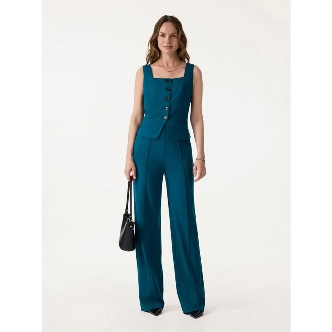 2Pcs Set Square Neck Waistcoat with Pockets & Wide Leg Ankled Pant