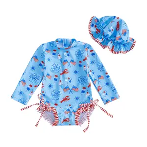 4th of July Toddler Baby Girl Popsicle American Flag Long Sleeve Rash Guard Swimsuit Zipper Bathing Suit Swimwear Beach Wear #Summervibes