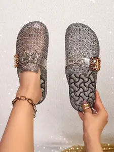 Summer New Fashion Hollow Out Mesh Mules, Rhinestone Metal Bow Decor, European Style Daily Commute Slip-On Shoes, Soft Sole Anti-Slip Sandals