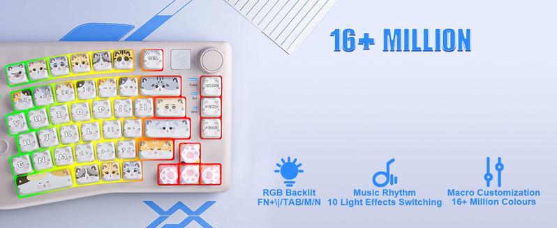 【NEW】LEOBOG*AULA Alice Keyboard, Bluetooth/2.4G Wireless/Type-C Ergonomic Pink Creamy Keyboard with RGB Functional Knob Joystick, 75% Layout Hot-Swappable Custom Keyboards for Win Mac Xbox PC Gamer