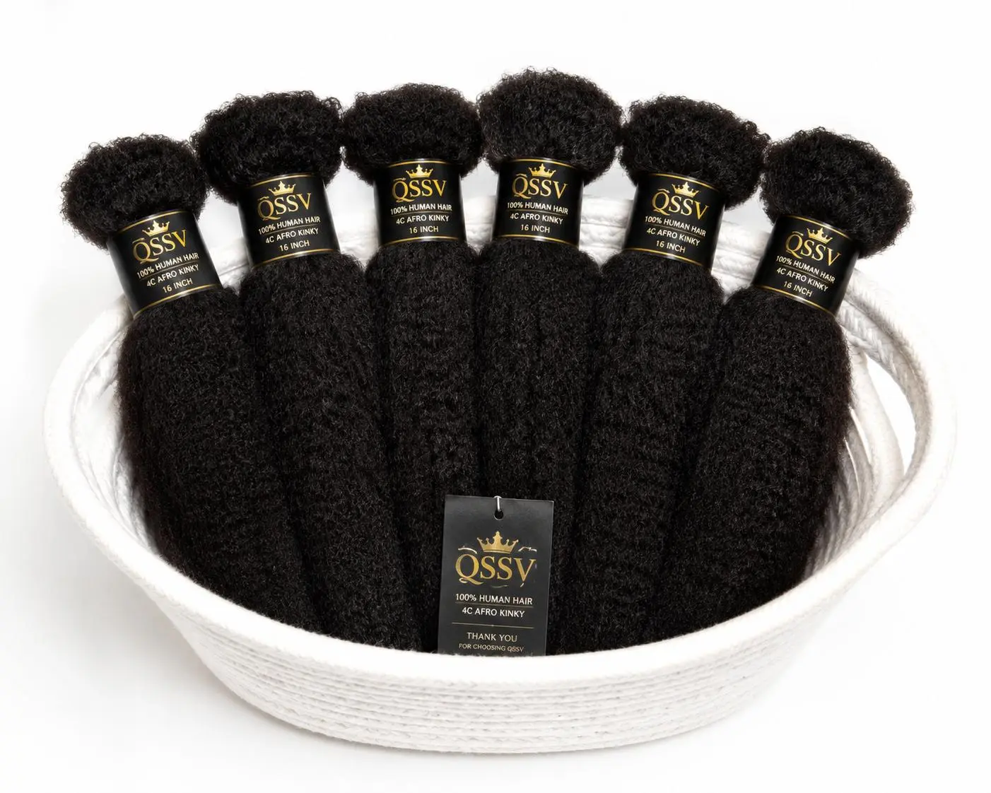 QSSV 100% Human Hair 4C Afro Kinky Braiding Hair, 16 Inch, Natural Black, 6-Pack (240g)