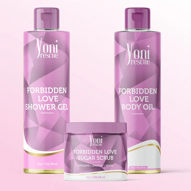 Forbidden Love Body & Bath Care Set- Shower Gel(4oz), Body Essential Oil(4oz) 100% All Natural with Sugar Scrubs(8oz) by Yoni Rescue Scent Apple