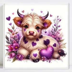 Purple Heart 5D DIY Diamond Painting Kit White Cow Round Diamond Embroidery Cute Animal Rhinestone Artificial Home Decor Pixel Gifts Needle Crafts Kit