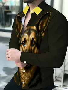 Men's Breathable Long-Sleeve Casual Polo German Shepherd Print Shirt