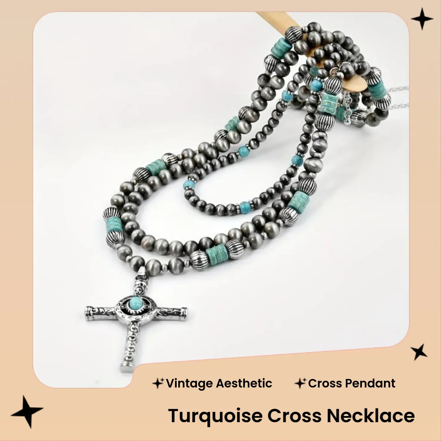 Women's 3-Piece Western Country-Style Brushed Turquoise Mixed Bead Cross Pendant Layered Ethnic Necklace Set