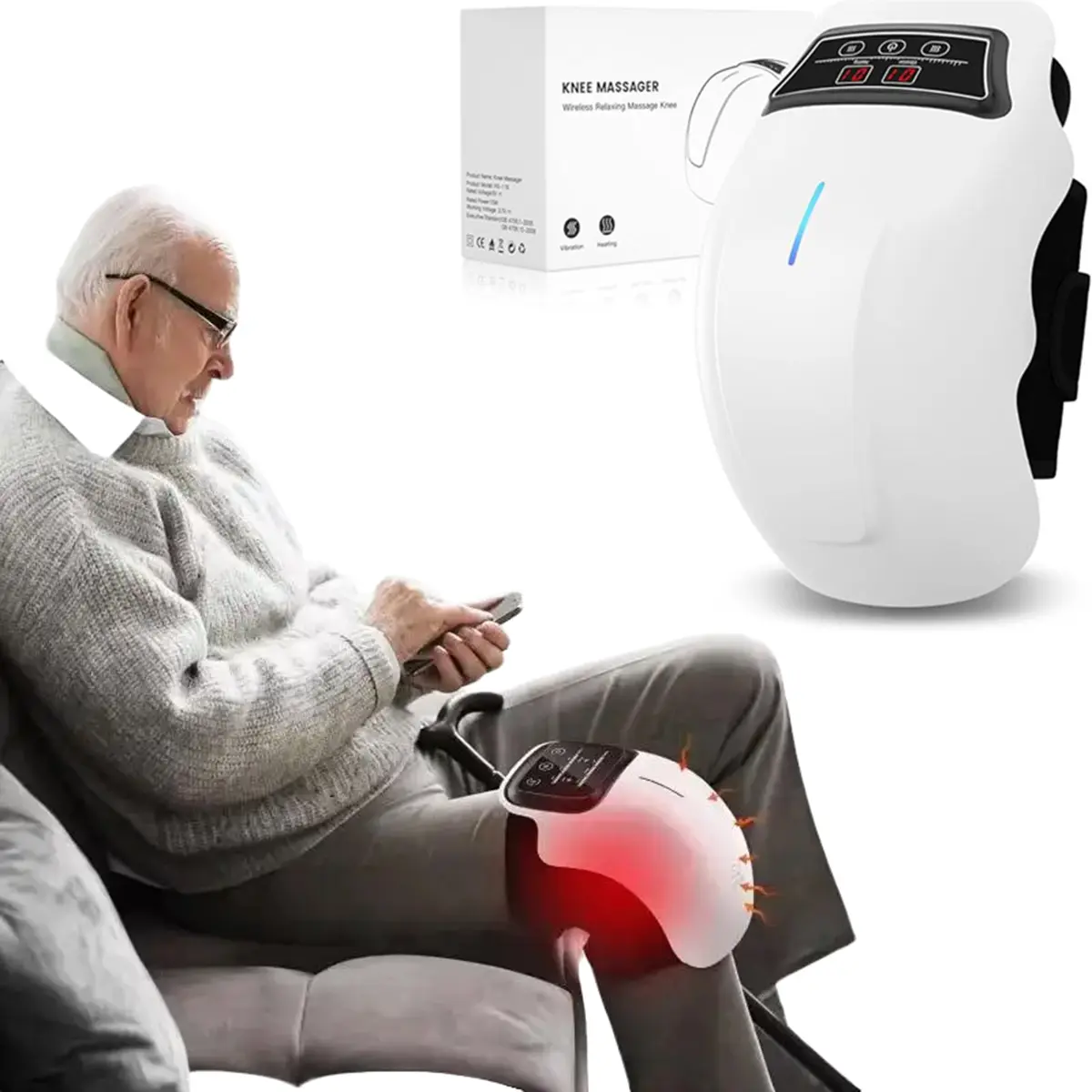 Wireless Battery-Powered Knee & Leg Massage Device with Heat Eases Knee Soreness, Vibration, Infrared, LED Display - Compact Hands-Free Use Tool for Pain Relief, Circulation Boost