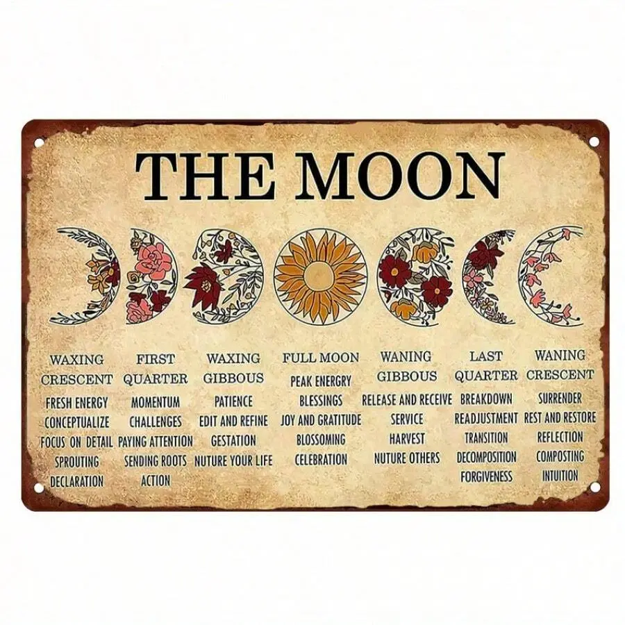 Moon Phase Iron Wall Sign - 12x8 in Minimalist Metal Wall Hanging Decor with 2D Flat Print - Magical Lunar Artwork for Living Room, Bedroom - Home Decor Products for Gifts, Witchcraft Enthusiasts, Living Room Decor, Moon Plaque Gift